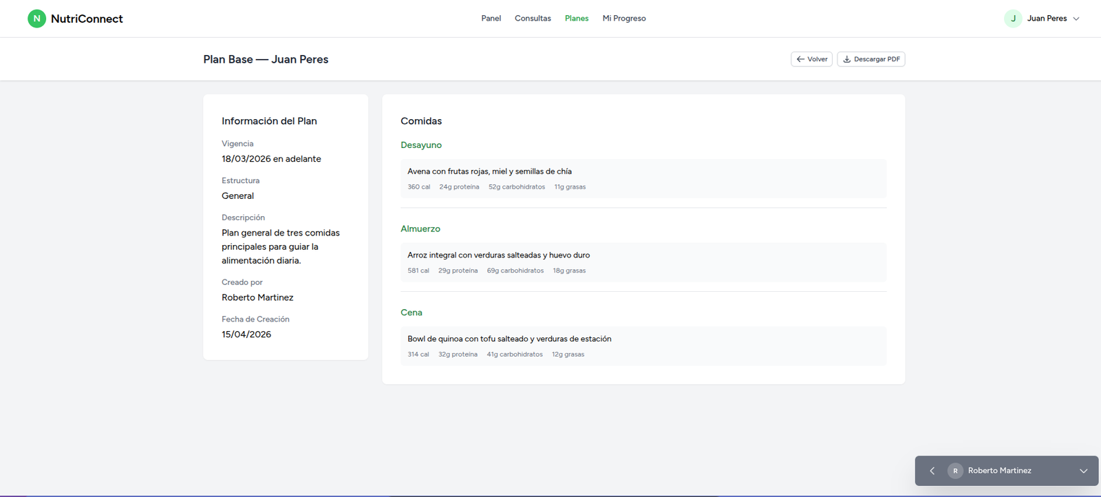 Plan nutricional personalizado del paciente en NutriConnect