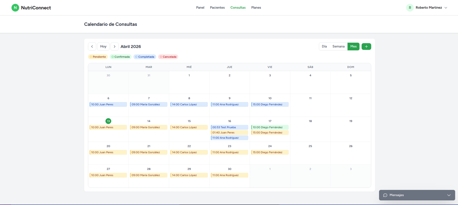 Calendario de consultas del nutricionista en NutriConnect