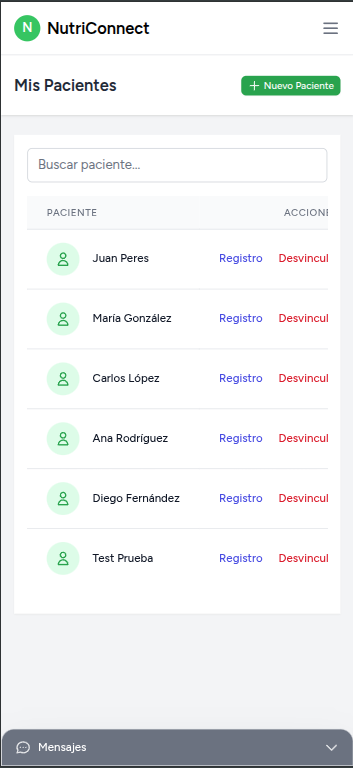 Lista de pacientes móvil en NutriConnect