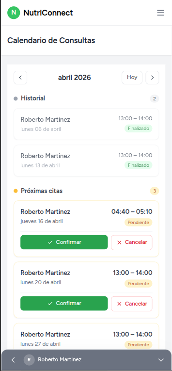 Agenda de citas en la app móvil de NutriConnect