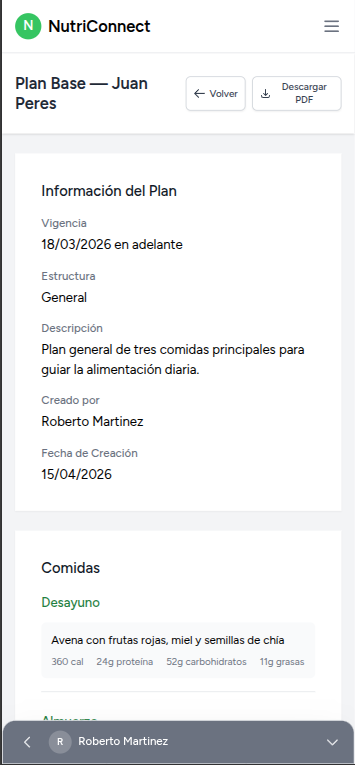 Plan nutricional en la app móvil de NutriConnect
